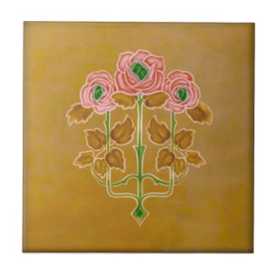 Art Nouveau Roses on Caramel Antique Reproduction Tile