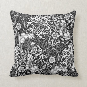 Art Nouveau Seaweed Floral, Black and White Cushion