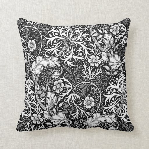 Image of Art Nouveau Seaweed Floral, Black and White Cushion