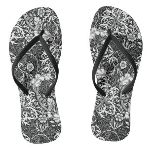 Art Nouveau Seaweed Floral, Black and White Flip Flops