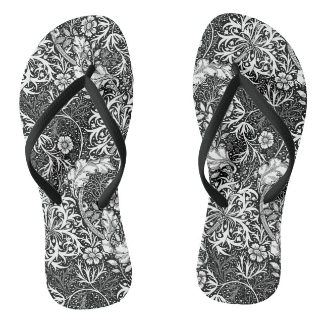 Art Nouveau Seaweed Floral, Black and White Flip Flops (Footbed)