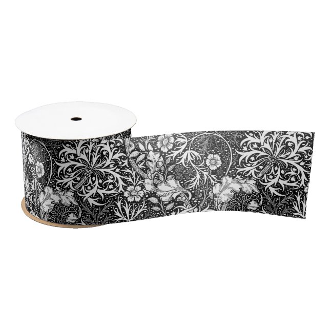 Art Nouveau Seaweed Floral, Black and White Satin Ribbon (Spool)