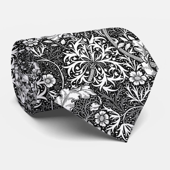 Art Nouveau Seaweed Floral, Black and White Tie (Rolled)