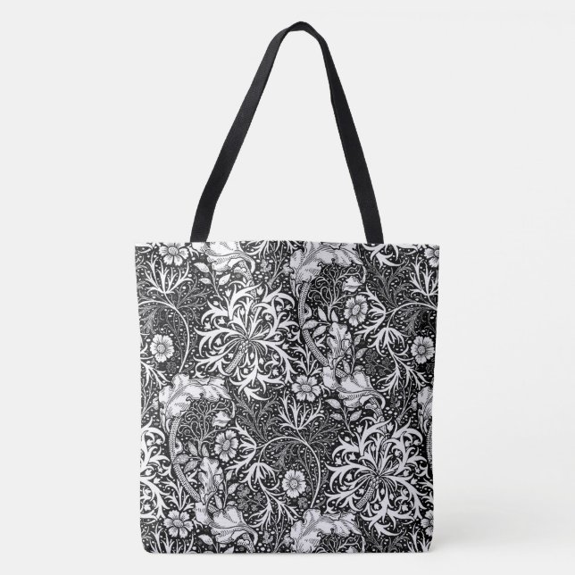 Art Nouveau Seaweed Floral, Black and White Tote Bag (Front)