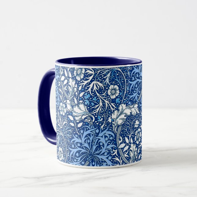 Art Nouveau Seaweed Floral, Cobalt Blue and White Mug (Front Left)