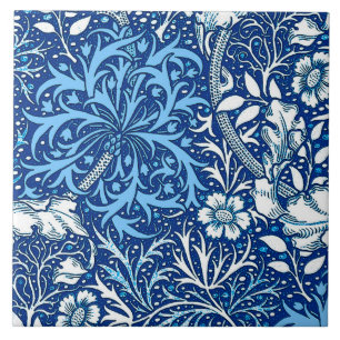 Art Nouveau Seaweed Floral, Cobalt Blue and White Tile