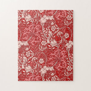 Art Nouveau Seaweed Floral, Coral Red & Coral Pink Jigsaw Puzzle
