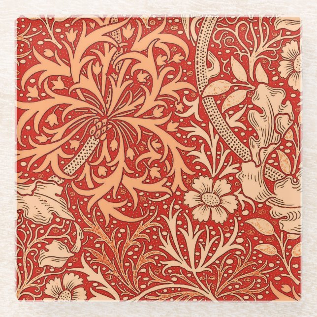 Art Nouveau Seaweed Floral, Deep Coral Orange Glass Coaster (Front)