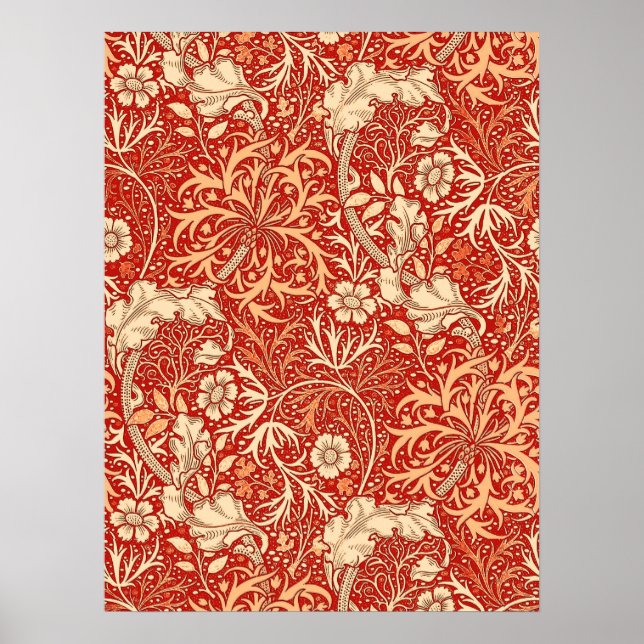 Art Nouveau Seaweed Floral, Deep Coral Orange Poster (Front)
