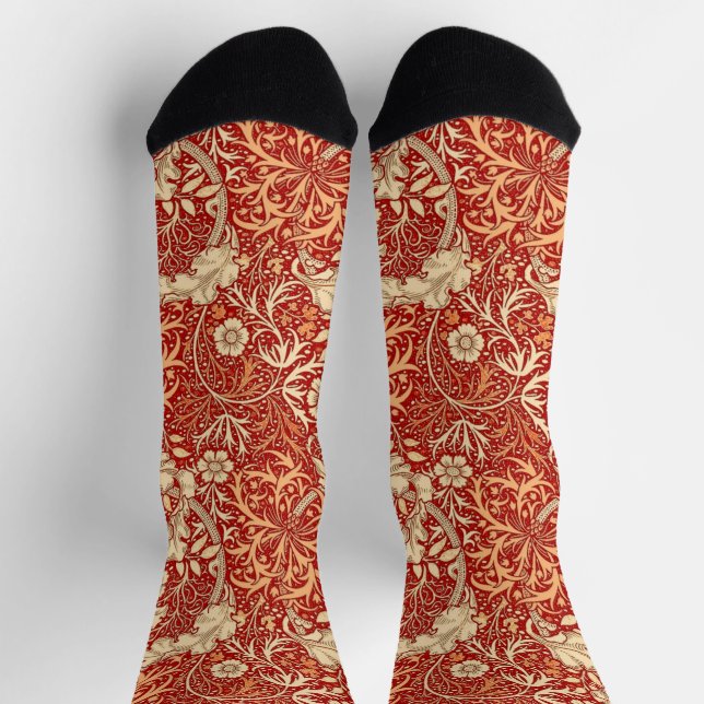 Art Nouveau Seaweed Floral, Deep Coral Orange Socks (Top)