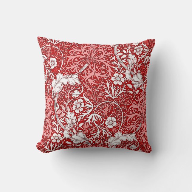 Art Nouveau Seaweed Floral, Deep Red and White Cushion (Front)