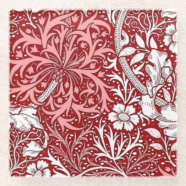 Art Nouveau Seaweed Floral, Deep Red and White Glass Coaster (Front)