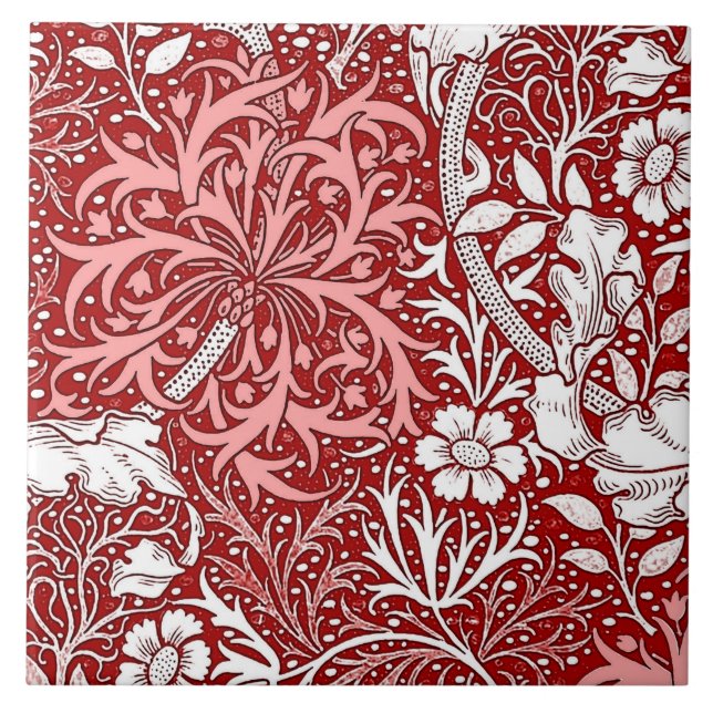 Art Nouveau Seaweed Floral, Deep Red and White Tile (Front)