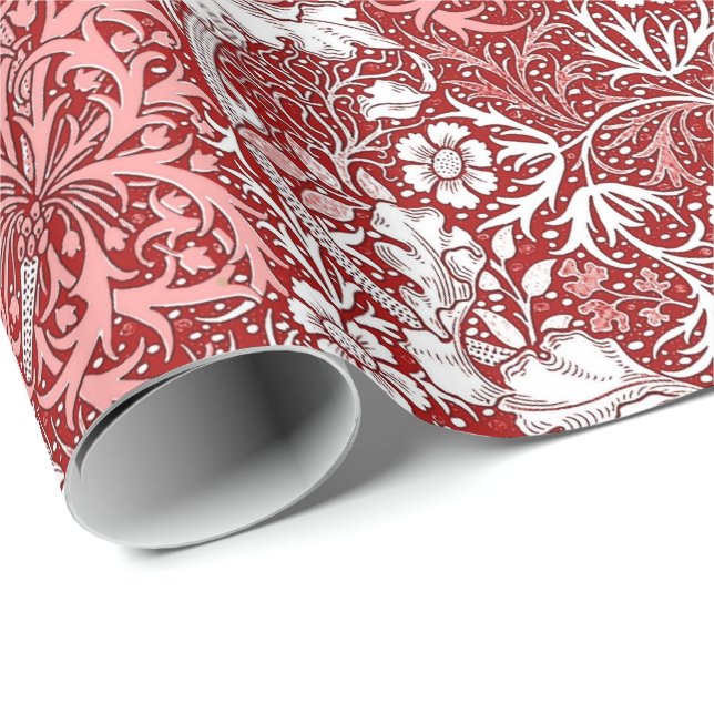 Art Nouveau Seaweed Floral, Deep Red and White Wrapping Paper (Roll Corner)