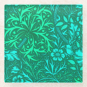 Art Nouveau Seaweed Floral, Turquoise and Aqua Glass Coaster