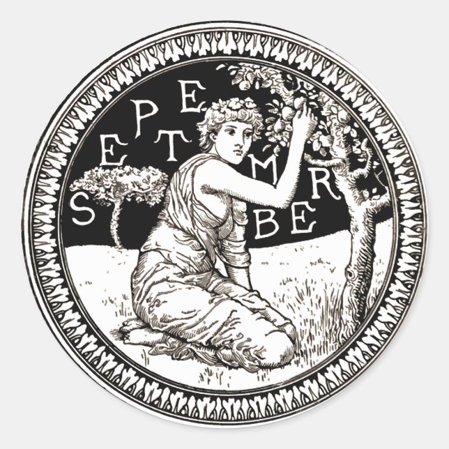 Art Nouveau September Birthday Girl Classic Round Sticker (Front)