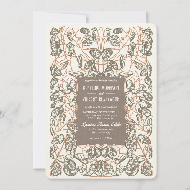 Art Nouveau Silver Dollar Plant Wedding Invitation (Front)