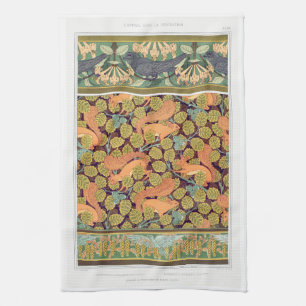 Art nouveau squirrel bird floral fall textile art tea towel
