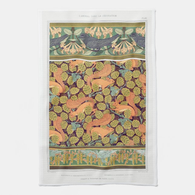 Art nouveau squirrel bird floral fall textile art tea towel (Vertical)