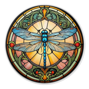 Art Nouveau Stained Glass Dragonfly Ceramic Knob