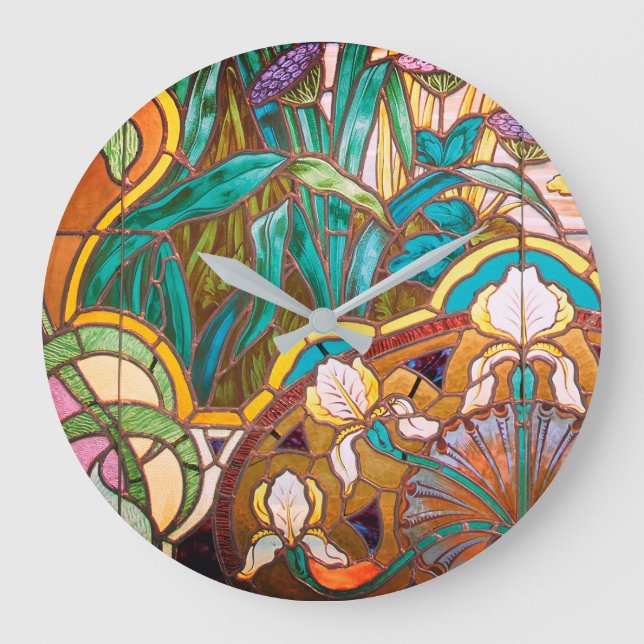 Art nouveau stained glass floral large clock (Front)