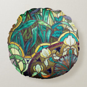 Art nouveau stained glass floral round cushion
