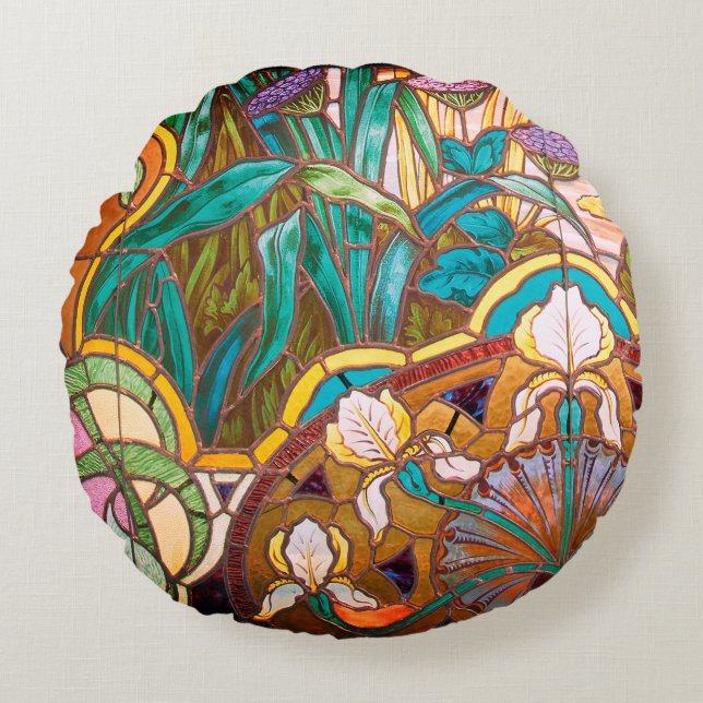 Art nouveau stained glass floral round cushion (Front)