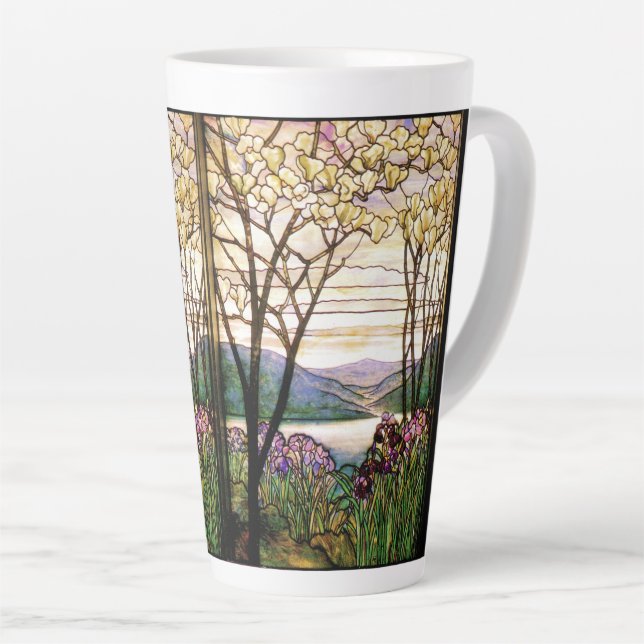 Art Nouveau Stained Glass Iris Flowers Latte Mug (Right Angle)