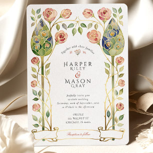 Art Nouveau Stained Glass Rose Gold Wedding Invitation