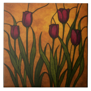 Art Nouveau Stained Glass Style Tulip Tile