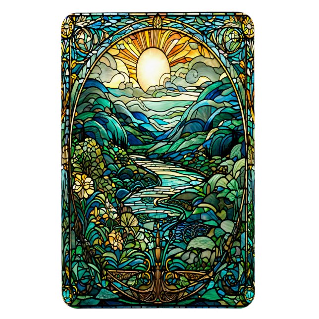 Art Nouveau Stained Glass Sunrise Landscape Art Magnet (Vertical)