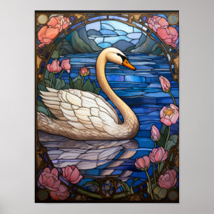 Art Nouveau Stained Glass Swan on Water Lily Pond Poster