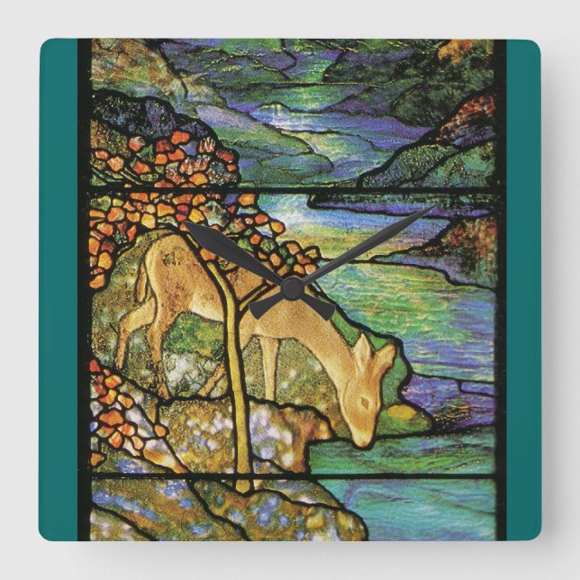 Art Nouveau Stained Glass Tiffany Nature Square Wall Clock (Front)