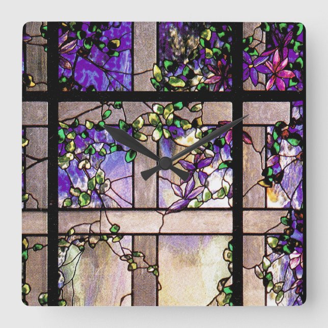 Art Nouveau Stained Glass Tiffany Nature Square Wall Clock (Front)