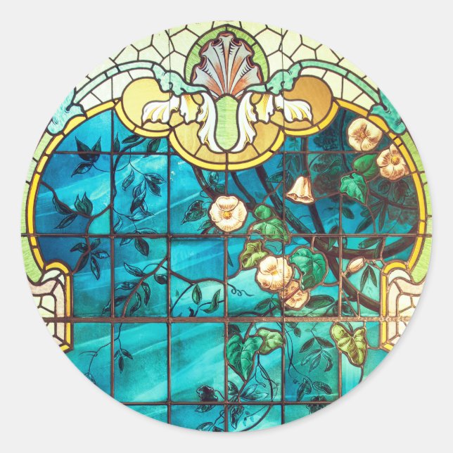 Art nouveau stained glass window floral Victorian Classic Round Sticker (Front)