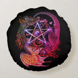 Art Nouveau Star/Pentacle Dragon Colored Round Cushion