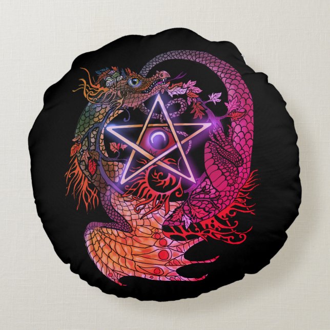 Art Nouveau Star/Pentacle Dragon Coloured Round Cushion (Back)