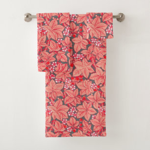 Art Nouveau Strawberries and Leaves, Coral Orange Bath Towel Set