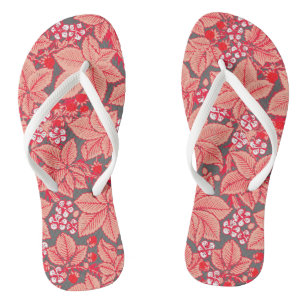 Art Nouveau Strawberries and Leaves, Coral Orange Flip Flops