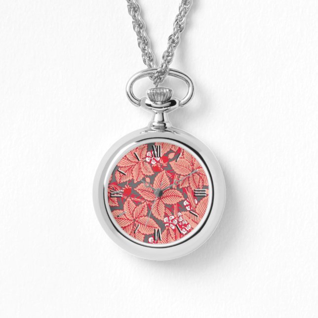 Art Nouveau Strawberries and Leaves, Coral Orange Watch (Front)