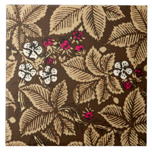 Art Nouveau Strawberries and Leaves,  Dark Brown Tile