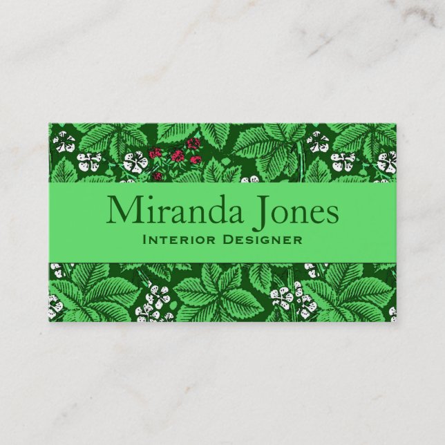Art Nouveau Strawberries and Leaves, Emerald Green Business Card (Front)