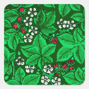 Art Nouveau Strawberries and Leaves, Emerald Green Square Sticker
