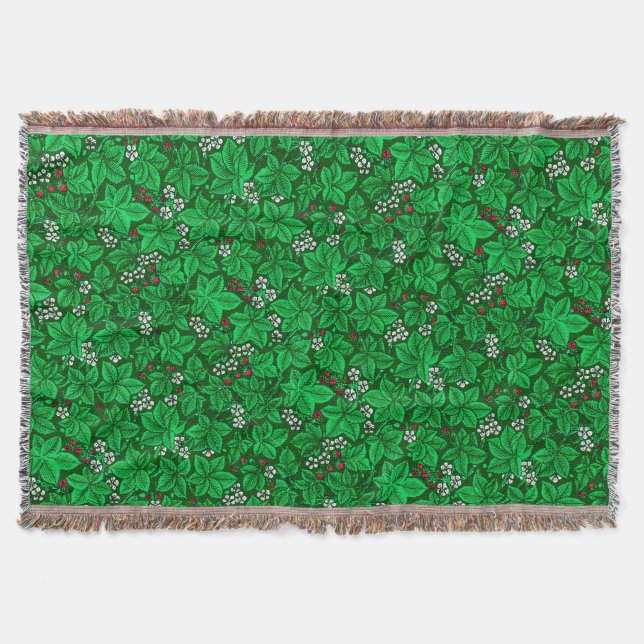 Art Nouveau Strawberries and Leaves, Emerald Green Throw Blanket (Front)