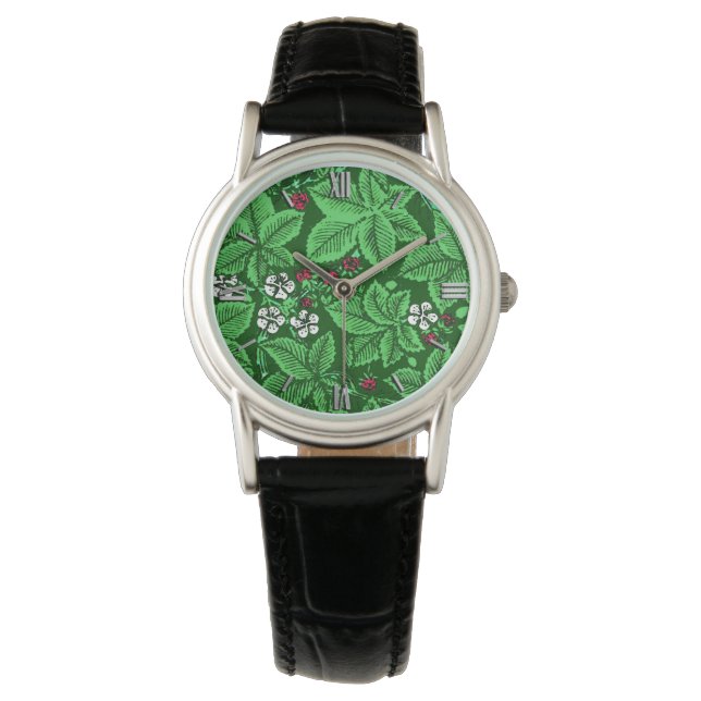 Art Nouveau Strawberries and Leaves, Emerald Green Watch (Front)
