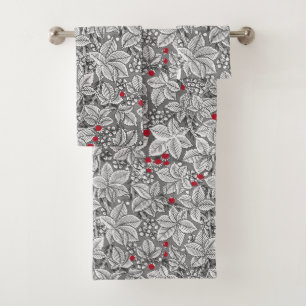 Art Nouveau Strawberries and Leaves, Grey & White Bath Towel Set