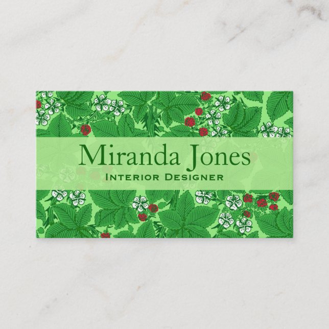 Art Nouveau Strawberries and Leaves, Lime Green Business Card (Front)