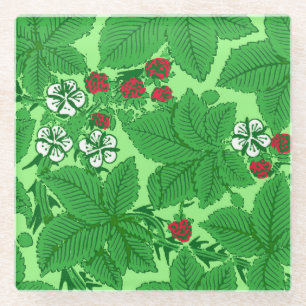 Art Nouveau Strawberries and Leaves, Lime Green Glass Coaster