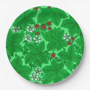 Art Nouveau Strawberries and Leaves, Lime Green Paper Plate