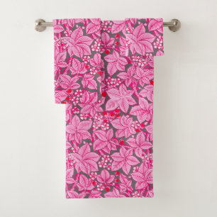 Art Nouveau Strawberries and Leaves, Pink and Grey Bath Towel Set